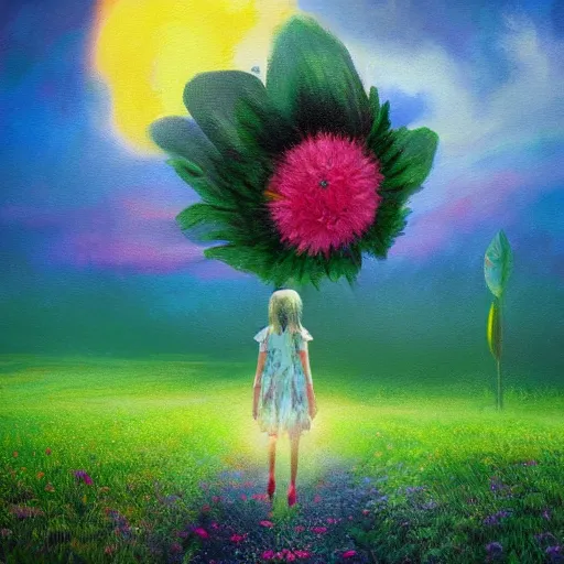 Image similar to giant flower as a head, girl walking in flower field, surreal photography, sunrise, dramatic light, impressionist painting, colorful clouds, digital painting, artstation, simon stalenhag