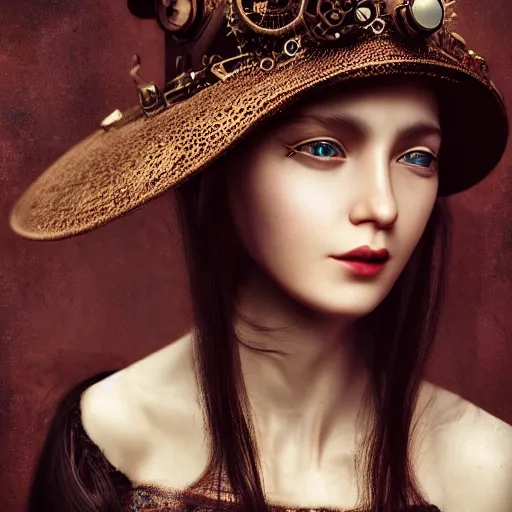 Image similar to a portrait of a beautiful steampunk woman by zhang jingna, long hair, aged 2 5, swedish, wearing a travel hat, photo realistic, real life, photograph, 3 5 mm, octane render, trending on artstation