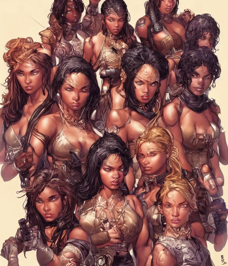 Prompt: a group of female thieves with unique clothes, brown skin, and different hair colours, beautiful, symmetrical facial features, detailed faces, intricate detail, smooth, sharp focus, arnold rendering, art by pepe larraz,