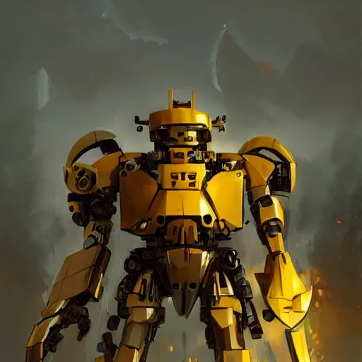 Prompt: yellow mecha with flat head and big sword and shield, spotlight in middle of face, Keetongu Bionicle, by Greg Rutkowski