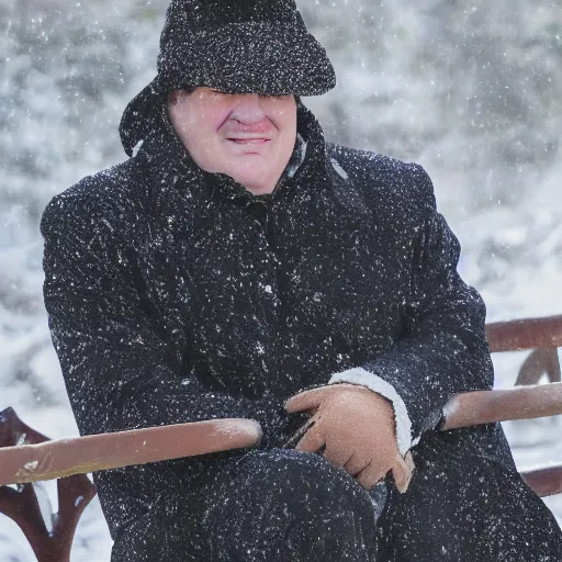 Image similar to Kevin Malone wearing a black ushanka hat and black wool overcoat sitting on a park bench during the winter