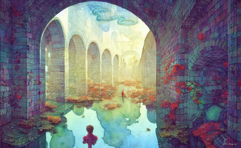 Image similar to tiled room squared waterway, aqueducts, fantasy. intricate, amazing composition, colorful watercolor, by ruan jia, by maxfield parrish, by marc simonetti, by hikari shimoda, by robert hubert, by zhang kechun, illustration, gloomy