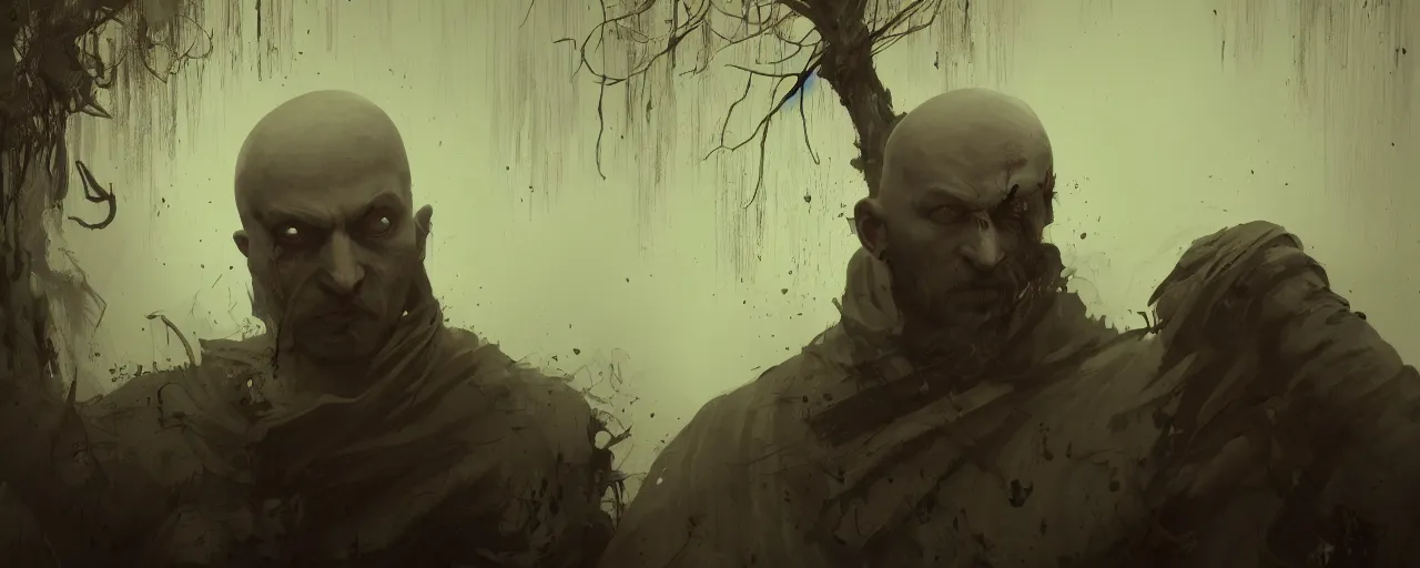 Image similar to duotone noir illustration close up of bald merchant demon floating in midair in medieval brown tunic. background willow tree foggy evening. dynamic dark dream atmosphere with volumetric hellish lighting, by sachin teng and sergey kolesov and ruan jia and heng z. graffiti art, scifi, fantasy, hyper detailed. octane render. concept art. trending on artstation