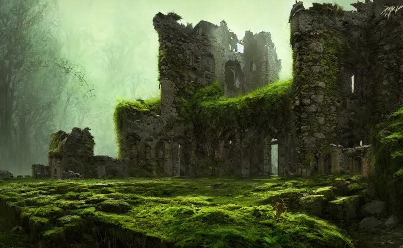 Prompt: ruins of an old castle covered by plant and moss with moody and cinematic lighting by greg ruthkowski and craig mullins and caspar david friedrich, concept art, artstation, trending on artstation