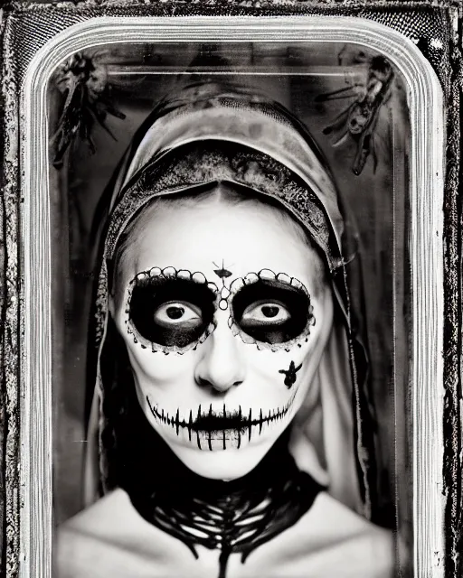 Prompt: tintype virgin mary dressed in dia de muertos makeup high quality photo, microchip, artificial intelligence, bio - mechanical bio - luminescence, black wired cables, neurons, nerve cells, cinematic, rim light, photo - realistic, high detail, 8 k, masterpiece, high fashion, in the style of steven meisel dora maar h. g. giger