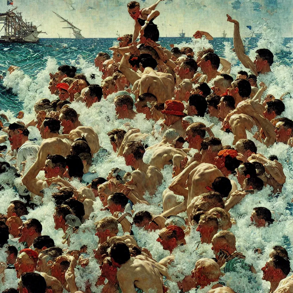 Image similar to the pandemonium of the sea becomes the man, oil on canvas, by norman rockwell
