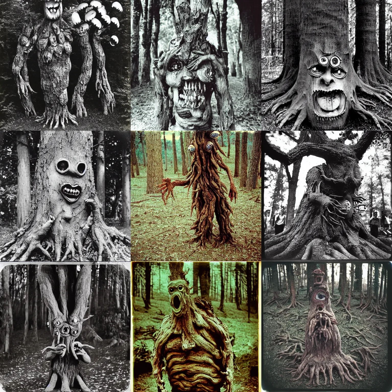 Prompt: a terrifying tree monster with distorted faces made of bark winning the mushroom eating contest, lovecratftian horror, pans labyrinth, shot on expired instamatic film