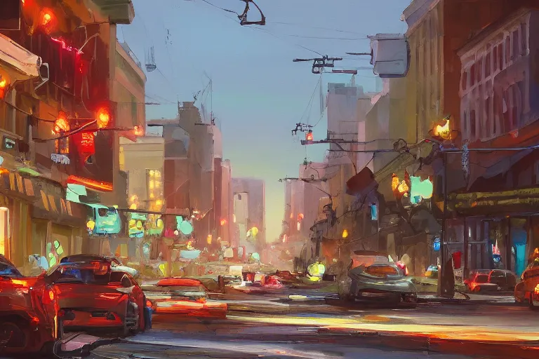 Image similar to beautiful color painting of a busy downtown street, repair shop, trending on artstation