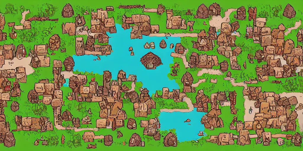 Image similar to a high detailed fantasy bandit camp vector art an aerial view of a cartoonish rpg village by dungeondraft, dofus, patreon content, hd, straight lines, vector, grid, dnd map, map patreon, fantasy maps, foundry vtt, fantasy grounds, aerial view, dungeondraft, tabletop, inkarnate, dugeondraft, roll 2 0