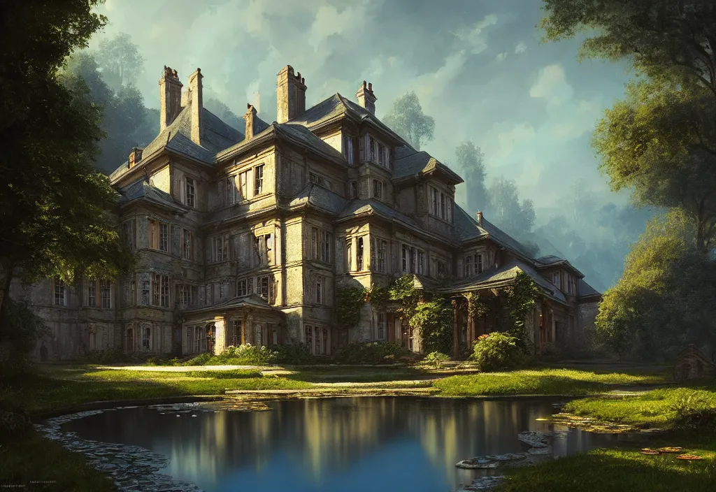 Image similar to a large georgian manor house with a gravel path and small fishpond, cinematic view, blue sky, detailed, concept art, high angle, high detail, warm lighting, volumetric, vivid, trending on artstation, by jordan grimmer, art greg rutkowski