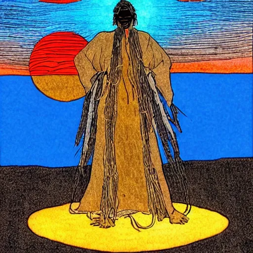 Image similar to sunset in a desert, shaman wearing a blue robe doing a ritual, energy streams, magic, drawing by moebius