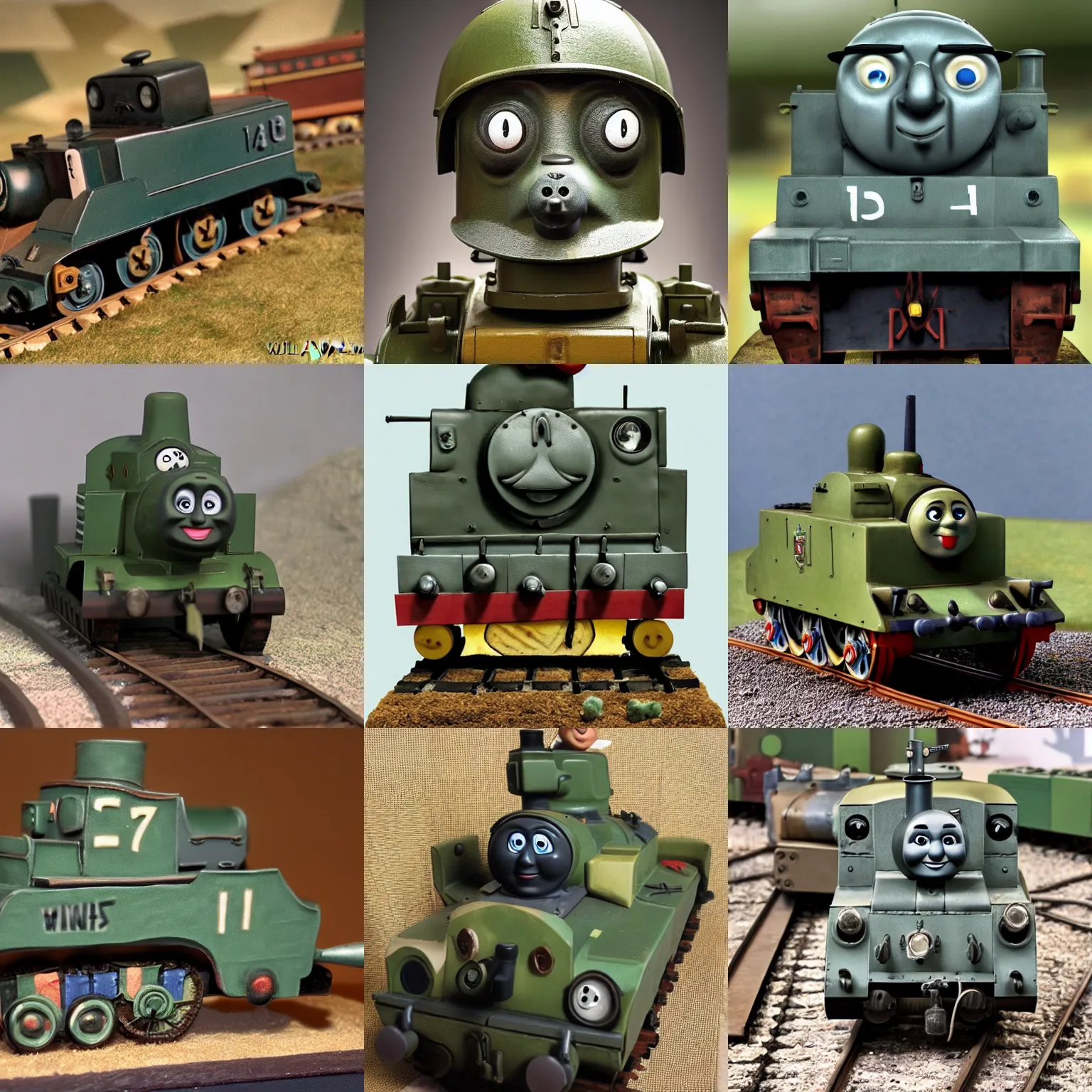 Prompt: an anthropomorphised panzer world war two tank with a thomas the tank engine face by wilbert awdry