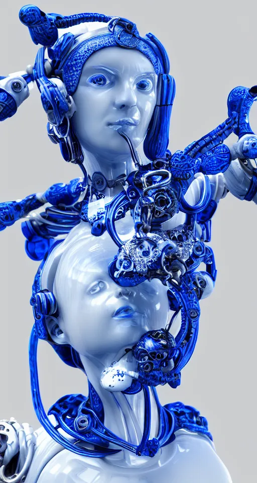 Image similar to portrait of a graceful cyborg, made of porcelain of delft, blue of delft, mechanical details, fluid cable, octane, 8 k resolution, detailed, realistic