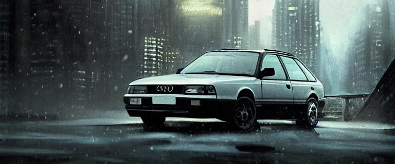 Image similar to Aqua Metallic Audi 80 RS 2 Avant (1995), black car, a gritty neo-noir, dramatic lighting, cinematic, establishing shot, extremely high detail, photorealistic, cinematic lighting, artstation, by simon stalenhag, Max Payne (PC) (2001) winter new york at night, flashing lights, Poets of the Fall - Late Goodbye