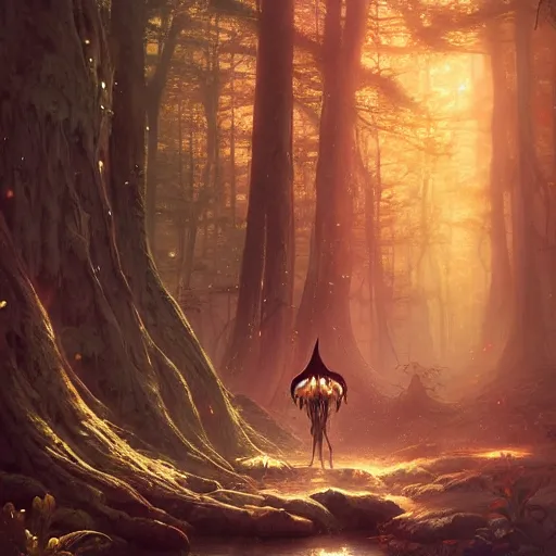 Image similar to highly detailed creepy forest humanoide creature in robes, stephen bliss, unreal engine, fantasy art by greg rutkowski, loish, rhads, ferdinand knab, makoto shinkai and lois van baarle, ilya kuvshinov, rossdraws, tom bagshaw, global illumination, radiant light, detailed and intricate environment