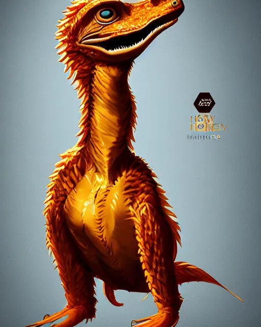 Image similar to beautiful velociraptor as honey, made of honey, wearing honey - themed miniskirt, award winning creature portrait photography, extremely detailed, artstation, 8 k, sensual lighting, incredible art, wlop, artgerm, backlit, rim lighting