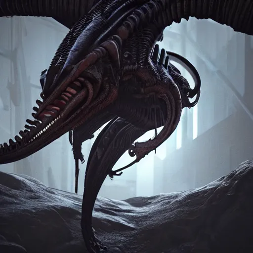 Image similar to centered photorealistic antropomorphic xenomorph inspired by Giger, sinister background, octane render, unreal engine 4k, volumetric light, fog, wide shot, detailed