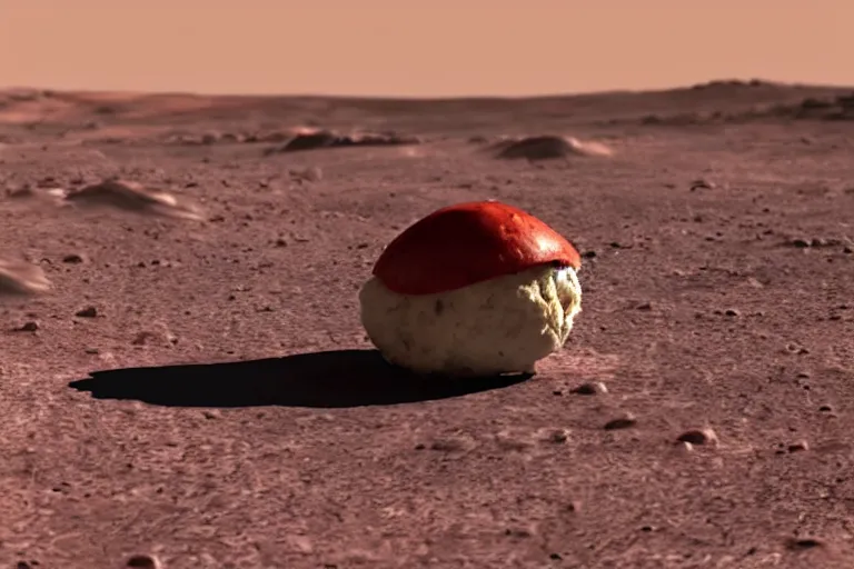 Image similar to a lonely meatball sandwich on mars, red lighting, sad,