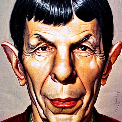 Prompt: a portrait painting Lenord Nimoy as Spock from Star Trek painted by Norman Rockwell