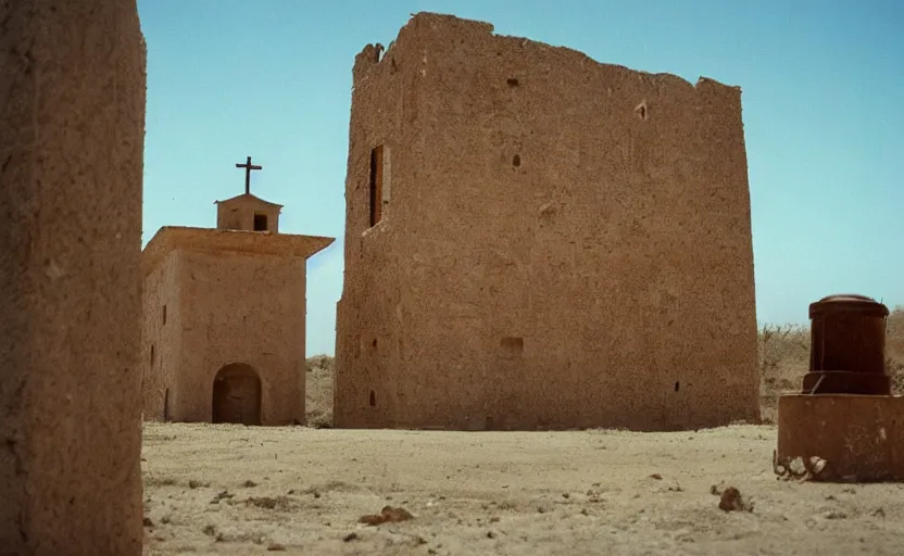 Prompt: movie still: in a desert, a ruined Mexican bell tower. In the foreground lies a bell, half-buried in the ground, by David Bailey, Cinestill 800t 50mm eastmancolor, heavy grainy picture, very detailed, high quality, 4k, HD criterion, precise texture