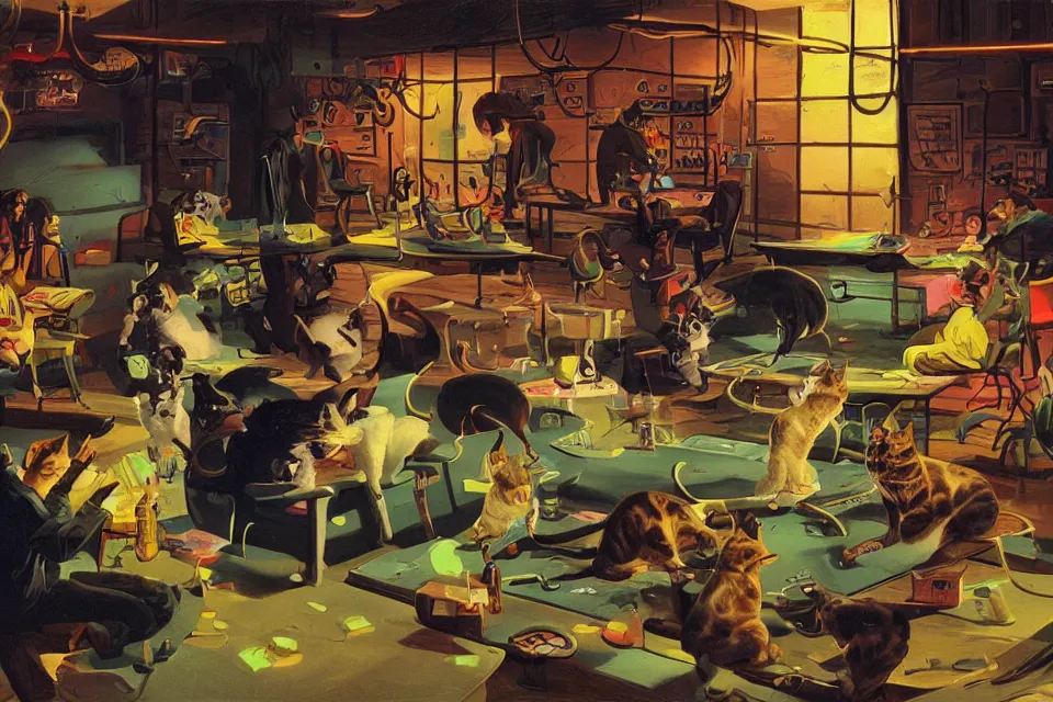 Image similar to people playing dice with cats in a neon basement, by john kricfalusi and syd mead