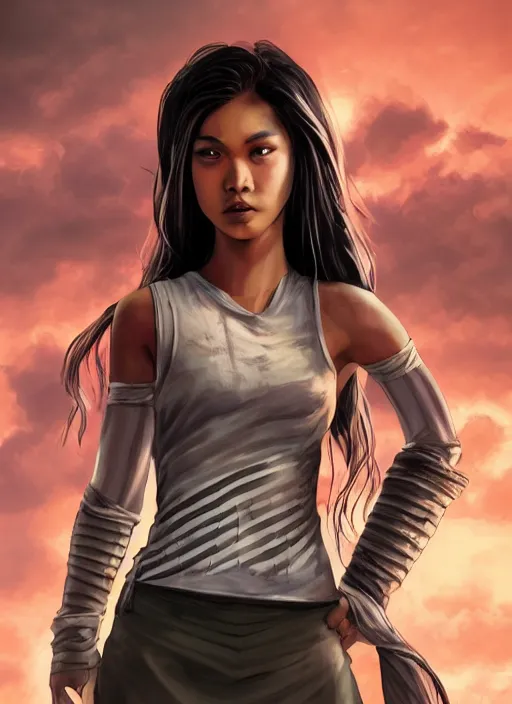 Image similar to An epic fantasy comic book style portrait painting of a young Malaysian woman, expressive, dark piercing eyes, staring at the viewer, tomboy, flat face, pouting, tan skin, beautiful futuristic hair style, monochromatic striped tank top with long sleeves, bare midriff, unreal 5, DAZ, hyperrealistic, octane render, cosplay, RPG portrait, dynamic lighting