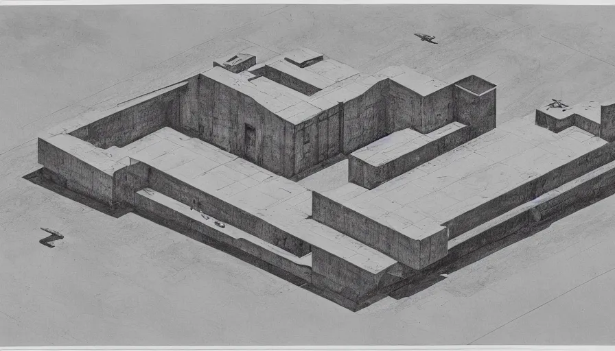 Image similar to big brutalist military base, drawing architecture, very long shot, top angle