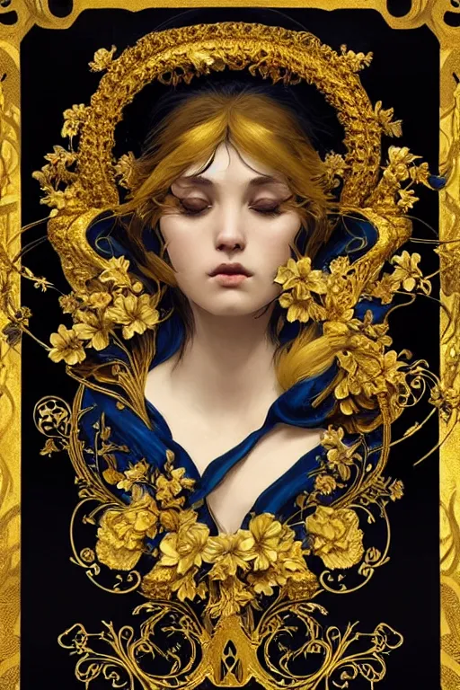 Prompt: beautiful black blue yellow, complicated gold and blue flowers the baroque style decoration, dark fantasy, intricate, elegant, highly detailed, digital painting, artstation, concept art, matte, 3 d 8 k octane rendered, sharp focus, illustration, octane rendered, art by artgerm and alphonse mucha, leesha hannigan