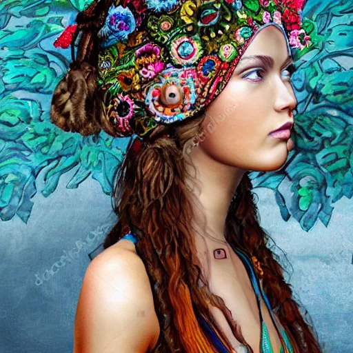 Prompt: a realistic detailed photo of a beautiful hippie girl