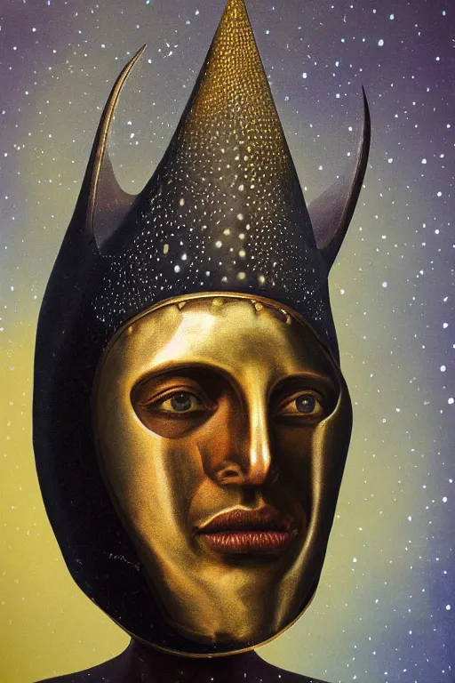 Image similar to hyperrealism oil painting, close - up portrait of face hiding in stingray medieval fashion model, knight, steel gradient mixed with nebula sky, in style of baroque mixed with 7 0 s book art