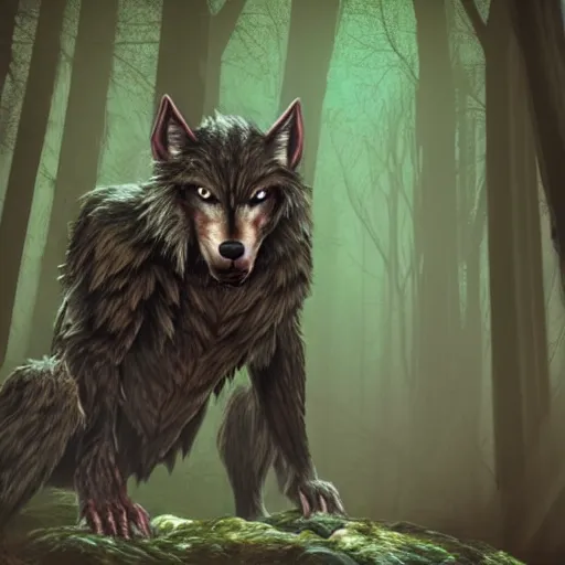 Prompt: A realistic werewolf in a dark forest