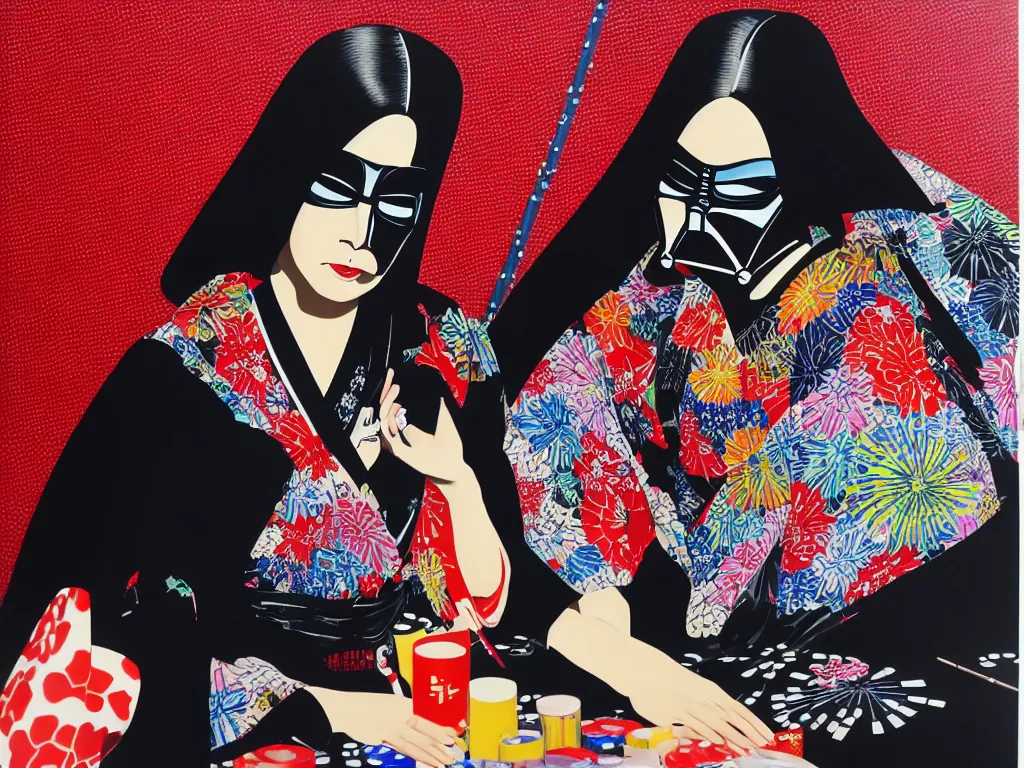 Image similar to hyperrealism composition of the detailed woman in a japanese kimono sitting at an extremely detailed poker table with darth vader, fireworks on the background, pop - art style, jacky tsai style, andy warhol style, acrylic on canvas