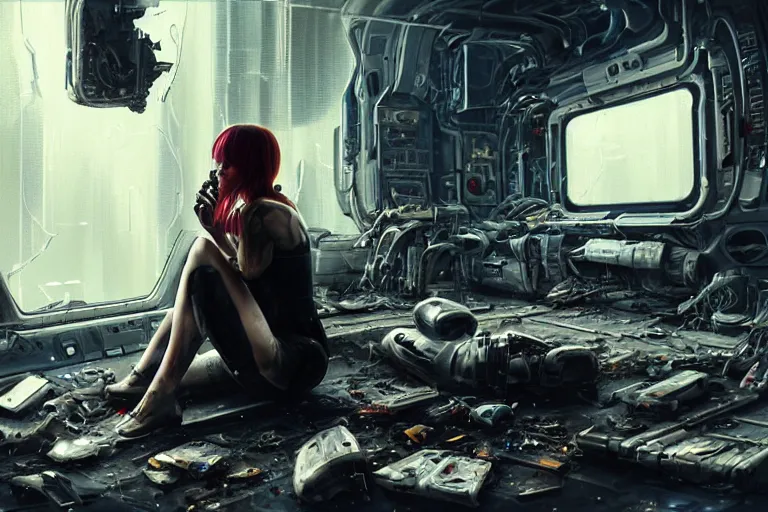 Image similar to Ultra realistic illustration, beautiful alluring damaged cyborg sitting on the floor of a destroyed spaceship, smoking a cigarette while being put back together in an super advanced military medical bay, cyberpunk, sci-fi, fantasy, sparks, small flames, smoke, intricate, elegant, highly detailed, digital painting, artstation, concept art, smooth, sharp focus, illustration, gorgeous cinematic lighting, art by artgerm and greg rutkowski and alphonse mucha