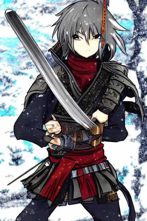 Prompt: anime style warrior with katana, snowy