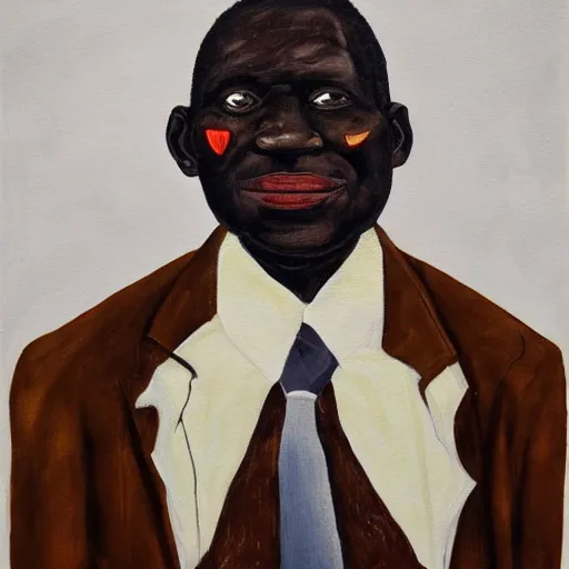 Image similar to a painting of a fatherly, aquiline nose, wide forehead, round face, XXL , loving, caring, generous, ever-present, humble, wise elder from Kenya with a friendly expression in a suit by Wangechi Mutu . Fatherly/daddy, focused, loving, leader, relaxed,. ethereal lights, details, smooth, sharp focus, illustration, realistic, cinematic, artstation, award winning, rgb , unreal engine, octane render, cinematic light, macro, depth of field, blur, red light and clouds from the back, highly detailed epic cinematic concept art CG render made in Maya, Blender and Photoshop, octane render, excellent composition, dynamic dramatic cinematic lighting, aesthetic, very inspirational, arthouse.