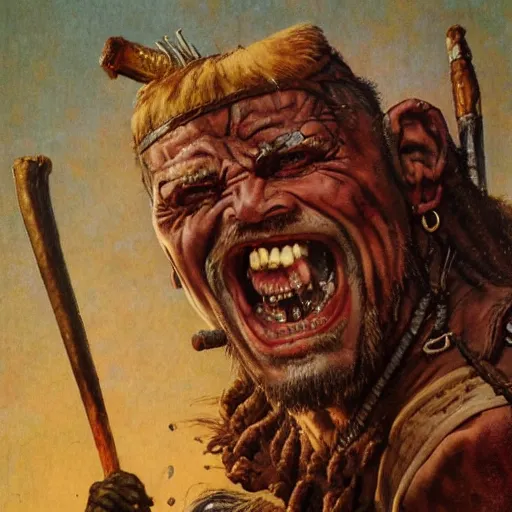 Image similar to portrait of a grinning barbarian, ultra detailed, style of norman rockwell, style of richard corben, 4 k, crispy.