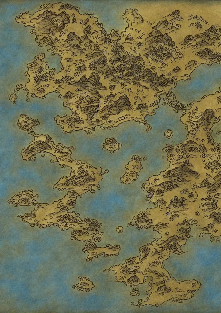 Image similar to simple fantasy map, the land of Odrua, several continents, world of Lute, by JRR Tolkien and Brian Froud, Vatican Map Room, fantasy concept painting, Magic The Gathering Art, trending on art station, showing kingdoms, oceans, continents, vast seas, open plains, swamps frame border