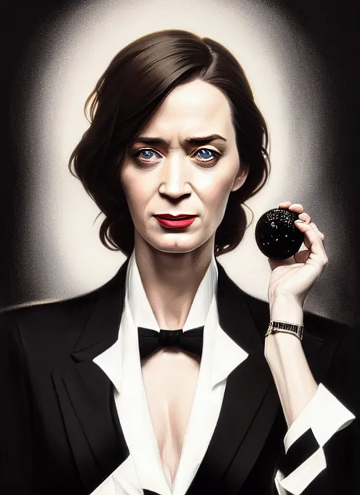 Image similar to portrait of emily blunt with reptile eyes as business woman, black suit, white shirt, black tie, intricate, headshot, highly detailed, digital painting, artstation, concept art, sharp focus, cinematic lighting, illustration, art by artgerm and greg rutkowski, alphonse mucha, cgsociety