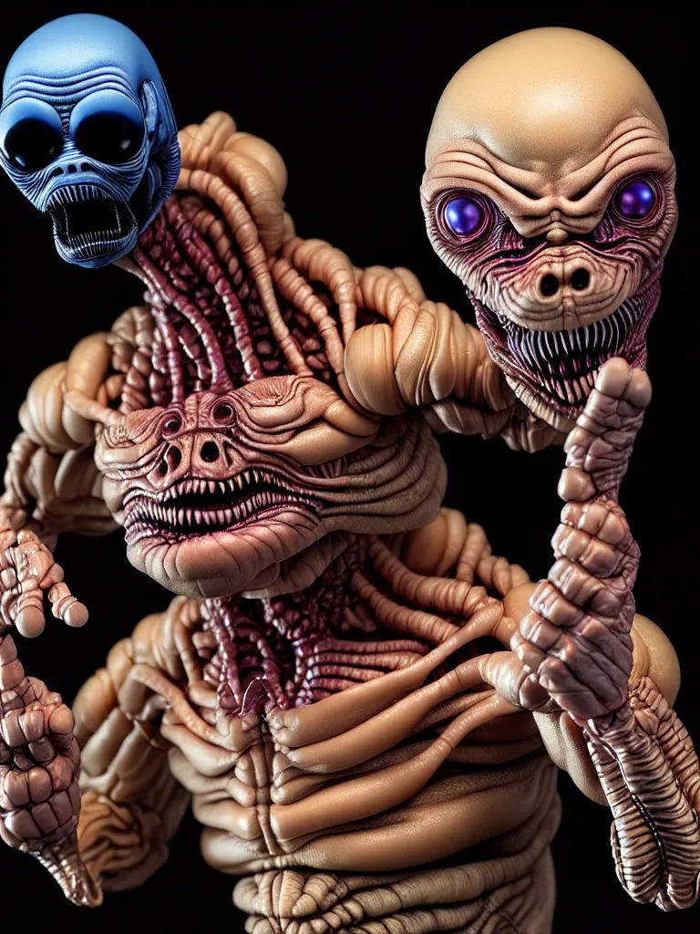 Image similar to hyperrealistic rendering fat smooth of john carpenter's they live alien by bernie wrightson and killian eng and joe fenton, product photography, action figure, sofubi, studio lighting, colored gels, colored background