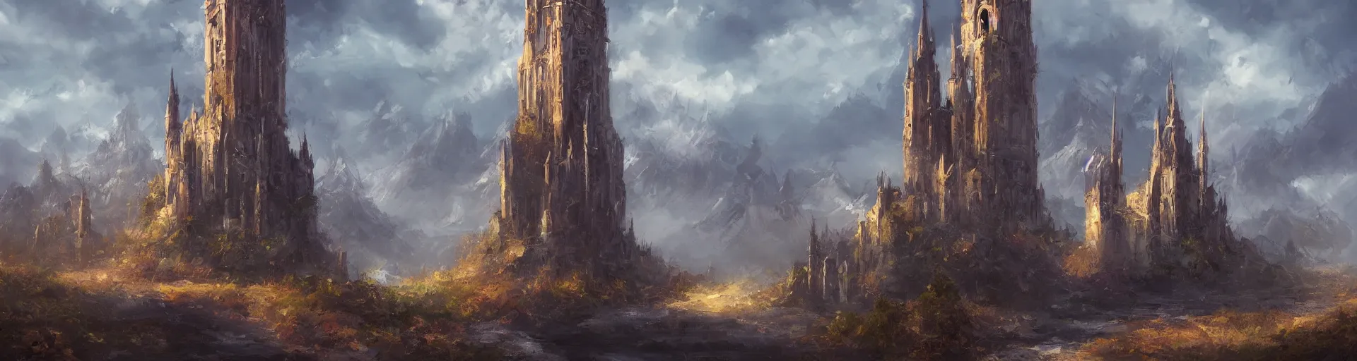 Image similar to beautiful landscape with a huge mystical tower, trending on artstation