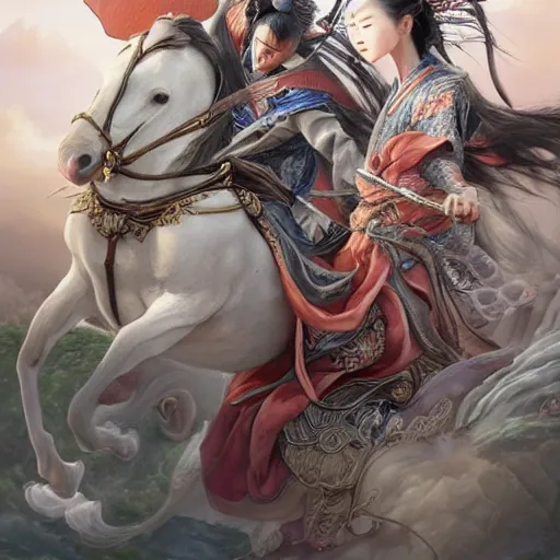 Image similar to dynamic composition, motion, ultra-detailed, incredibly detailed, a lot of details, amazing fine details and brush strokes, colorful and grayish palette, smooth, HD semirealistic anime CG concept art digital painting, watercolor oil painting of meadow and sunrise, from Three Kingdoms, by a Chinese artist at ArtStation, by Huang Guangjian, Fenghua Zhong, Ruan Jia, Xin Jin and Wei Chang. Realistic artwork of a Chinese videogame, gradients, gentle an harmonic grayish colors.