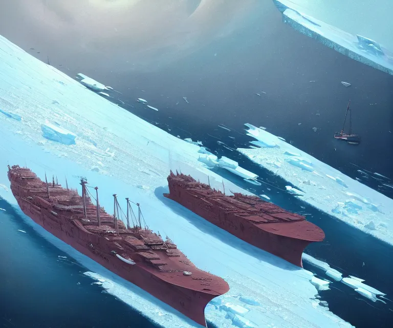 Image similar to one singular solo enormous gigantic steel ship - shaped fortress sailing across an icy frozen ocean. masterpiece, cinematic, octane render, depth of field, bokeh, architecture, aerial view, art by tom bagshaw, geof darrow, james gurney, filip hodas