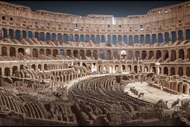 Image similar to Colosseum interior in the 1700s with two fighters in the middle and crowds cheering in Yemen, light fixtures. unreal engine. 8K. detailed. photorealism. artstation. digital render. ultra realistic
