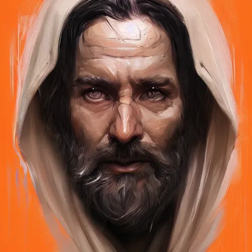 Prompt: portrait of a man by greg rutkowski, jedi master, arabian features, messy long black hair, beard, wearing orange jedi robes, star wars expanded universe, he is about 6 0 years old, highly detailed portrait, digital painting, artstation, concept art, smooth, sharp foccus ilustration, artstation hq