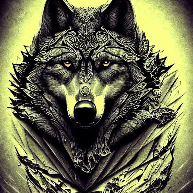 Prompt: a beautiful symbol of a wolf, struggle, honor, pride, intricate details, artstation, concept art, dark, dangerous