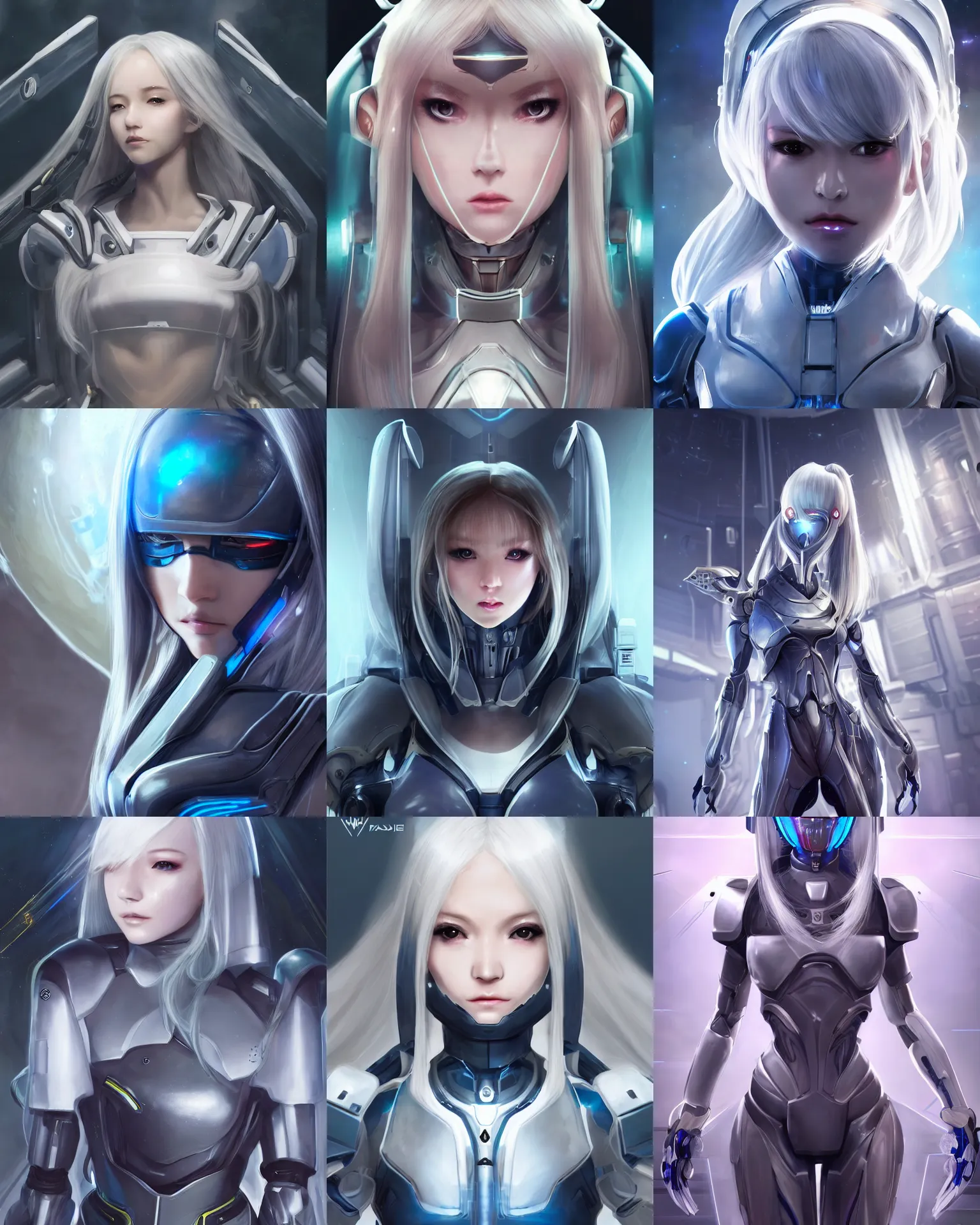 Prompt: perfect android girl, warframe armor, beautiful face, scifi, futuristic, space station, laboratory, kwak ji young, dreamy, long white hair, blue cyborg eyes, cinematic lighting, innocent, highly detailed, sharp focus, artstation, aura, divine, by gauthier leblanc, kazuya takahashi, huifeng huang, jama jurabaev