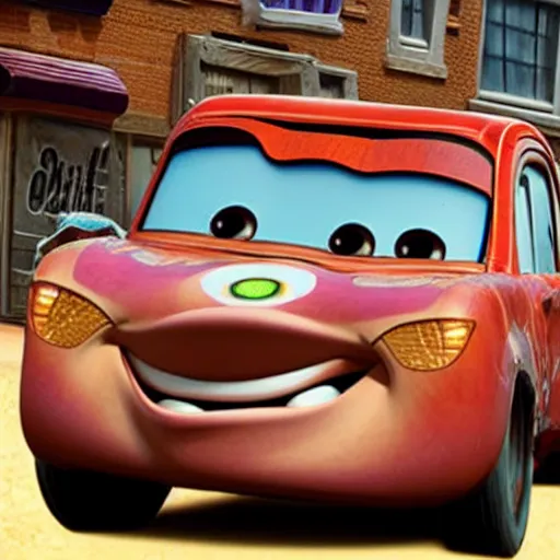 Prompt: mater from cars crashing into a building, rubble, disney pixars cars, mater, mater