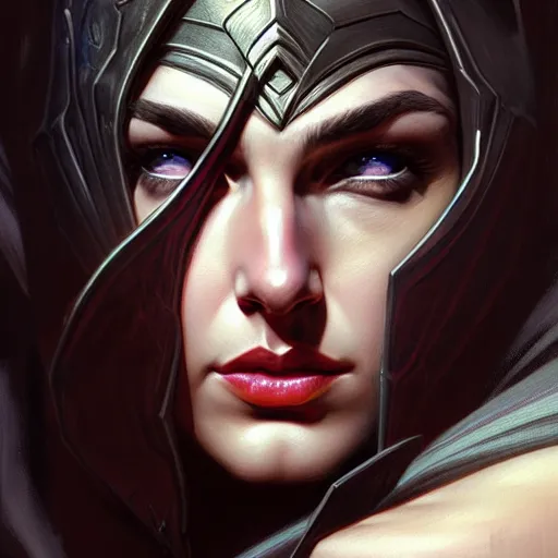 Prompt: head and shoulders Portrait of Gal Gadot as Sylvanas, dark fantasy, medium shot, intricate, elegant, highly detailed, digital painting, volumetric light, artstation, concept art, smooth, sharp focus, illustration, art by Gil Elvgren and Greg Rutkowski and Alphonse Mucha