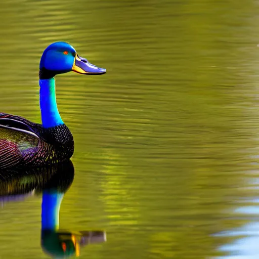 Image similar to a colorful iridescent mallard floating on a lake in the foothills of mount saint helens crater in the distance