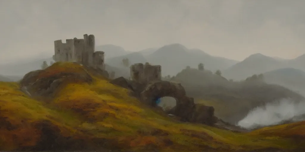 Image similar to painting of rocky highlands covered in mist with a ruined castle in the far distance, overcast sky, muted colors